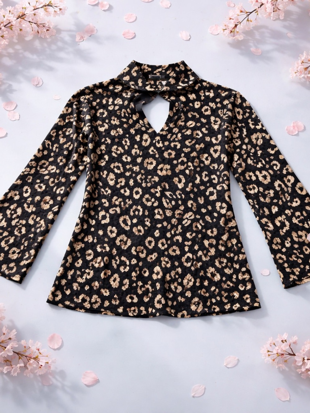 Ariella  Black and Tan Leopard Keyhole Long-Sleeve Top